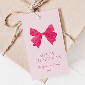 Coquette Pink Christmas Tag Template, Pink Christmas Gift Tag, Printable Christmas Tag, Editable Holiday Tag, Pink Bow, Instant DownloadCH01 image 1
