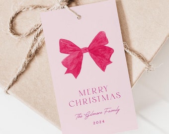 Coquette Pink Christmas Tag Template, Pink Christmas Gift Tag, Printable Christmas Tag, Editable Holiday Tag, Pink Bow, Instant DownloadCH01
