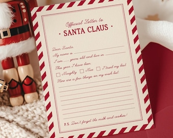Könnte beinhalten: Ein cremefarbener Brief an den Weihnachtsmann mit rot gestreiften Rändern. Der Text lautet Official Letter to SANTA CLAUS, Dear Santa, My name is, I am years old and live in, This year I have been, Naughty, Nice, I tried my best, Here are a few things on my wish list, und P.S. Don't forget the milk and cookies.