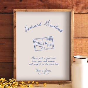 May include: A framed sign with the words "Postcard Guestbook" in blue script. Below, a blue illustration of a postcard and text that reads, "Please pick a postcard, leave your well wishes and drop it in the mail box." A white vase and yellow flowers are also in the image.