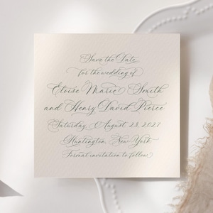 Moderne romantische Save The Date-sjabloon, elegante huwelijksaankondiging in schrift, minimalistisch vierkant Save the Date, W23