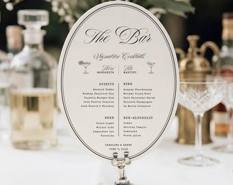 Oval Wedding Bar Menu Template, Modern Vintage Wedding Bar Menu Sign, Signature Cocktails, Oval Drinks Menu, Wedding Reception Signage, W21