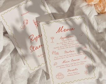 Modern Wedding Menu Template, Handwritten Wedding Menu with Name, Hand Drawn Menu Whimsical, Fun Wedding Decor, Wavy, Instant Download W11