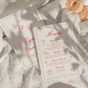 Plantilla de menú de boda moderna, menú de boda escrito a mano con nombre, menú dibujado a mano, decoración de boda divertida, ondulado, descarga instantánea W11