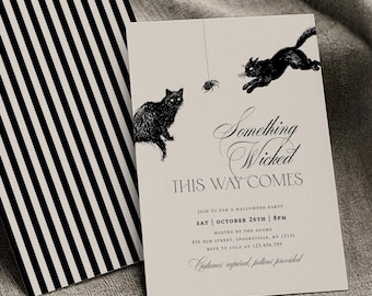 May include: Halloween party invitation with black cats, spiders, and the text "Something Wicked This Way Comes." The invitation is cream-colored with black text and illustrations, and is accompanied by a black and white striped card.