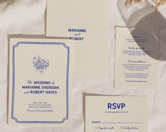 Modern Wedding Invitation Template, Whimsical Wedding Invitation, Handwritten, Hand Drawn Flowers, Unique, Retro, Fun, Rsvp, Details, W19