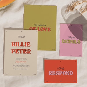 May include: A collection of wedding invitation cards with retro typography. The cards feature phrases like "A celebration of love" and "Kindly respond." The color palette includes shades of pink, orange, and green. The invitation cards are arranged on a white surface.