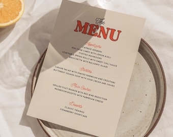 Nowoczesny szablon menu weselnego, retro menu weselne, śmiałe menu do edycji, kolorowe dekoracje weselne, wyjątkowe, zabawne, kapryśne, natychmiastowe pobranie W09
