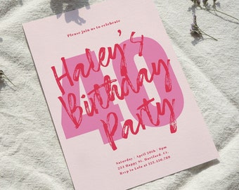 Sjabloon voor een uitnodiging voor een 40e verjaardag, bewerkbare digitale uitnodiging voor een 40e verjaardag, uitnodiging voor een 40e verjaardag voor vrouwen, roze, modern, direct te downloaden