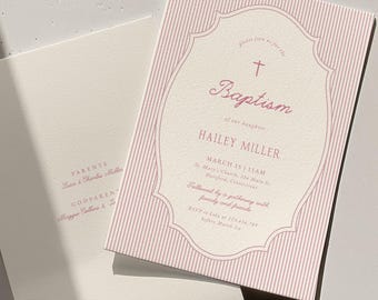 Pink Toile Baptism Invitation Template, Dusty Pink Baptism Invitation, Modern Retro Christening Invite, BP10