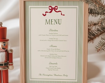 Christmas Menu Template, Modern Retro Christmas Party Menu, Striped Holiday Menu, Red Bow, Printable Editable, CH06