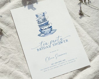 Tea Party Bridal Shower Invitation Template, Bridal Tea Party Invitation, Afternoon Tea Invitation, Blue Tea Cup, Minimal, Instant Download