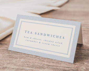 Retro Blue Food Tent Template, Baby Shower Food Tent Editable, Striped Food Label, Dusty Blue Baby Shower Buffet Card, BB23