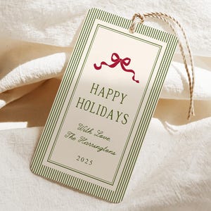 Coquette Christmas Gift Tag Template, Modern Retro Christmas Favor Tag, Printable Holiday Tag, Editable Tag, Red Bow, CH06