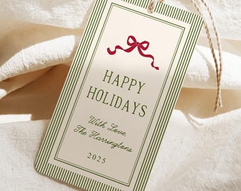 Coquette Christmas Gift Tag Template, Modern Retro Christmas Favor Tag, Printable Holiday Tag, Editable Tag, Red Bow, CH06