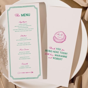 Modernes Hochzeitsmenü Vorlage, wunderliches Hochzeitsmenü, Handgezeichnetes Menü Handgeschrieben, Spaß Hochzeitsdekor, Hochzeitstorte, Initialen, W16