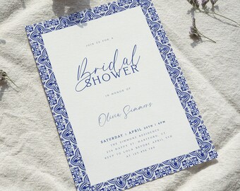 Mediterranean Bridal Shower Invitation Template, Mediterranean Blue Tile Shower Invitation, Minimal Bridal Shower Invite, Instant Download