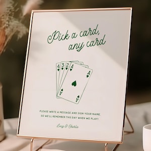 Plantilla de letrero "Elige una carta", letrero de boda con naipes, letrero de libro de visitas con naipes, señalización de boda, letrero de boda manuscrito editable, W05