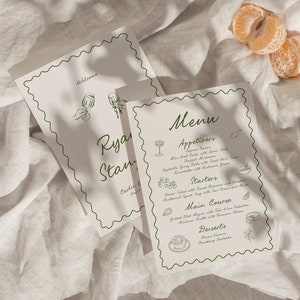 Modernes Hochzeitsmenü Vorlage, Handgeschriebenes Hochzeitsmenü mit Namen, Handgezeichnetes Menü wunderlich, Spaß Hochzeit Dekor, Wellenförmig, Instant Download W11