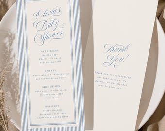 Baby Shower Menu Template, Modern Retro Baby Shower Menu Dusty Blue, Editable Printable, BB23