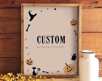 Halloween Party Sign Template, Editable Halloween Signage, Halloween Custom Sign, Modern Halloween Decor, Pumpkin, Bat, Instant Download H02