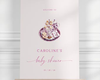 Tea Party Baby Shower Welcome Sign Template, Baby Shower Tea Party Welcome Sign, Tea With The Mom To Be, Pink Tea Cup, Instant Download BB17