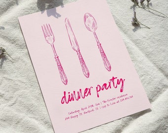 Dinner Party Invitation Template, Dinner Party Digital Invitation, Housewarming Invitation Pink, Modern, Minimal, Cutlery, Instant Download