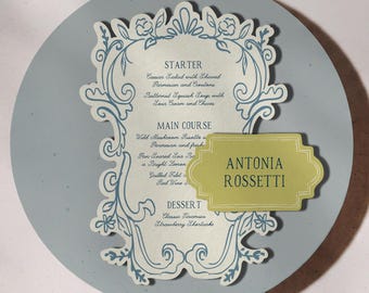 Romantic Vintage Menu Set, Whimsical Die Cut Menu Template, Cut Out Place Card, Hand Drawn Crest, Wedding Reception, Editable Printable, W29