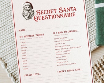 Secret Santa Questionnaire Printable, Secret Santa Form for Work, Secret Santa Template, Instant Download