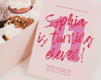11th Birthday Invitation Template, Editable 11th Birthday Digital Invitation, 11 Birthday Invitation Girl, Pink, Modern, Instant Download