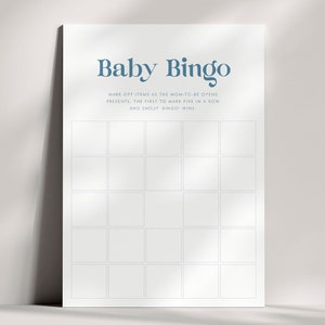Plantilla de tarjeta de bingo para baby shower, tarjeta de bingo para baby shower en blanco azul, tarjeta de bingo para baby shower editable, descarga instantánea