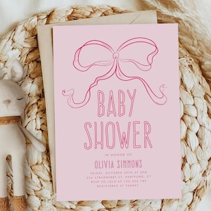 Pink Bow Baby Shower Invitation Template, Handwritten Baby Shower Invitation, Hand Drawn Pink Bow, Modern Baby Shower, Instant Download BB06