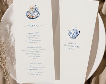 Tea Party Menu Template, Bridal Shower Menu Template, Bridal Tea Party Menu, Tea Party Bridal Shower Menu, Bridal Shower Tea, Blue Cup, BS13
