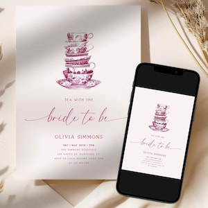 Tea With The Bride To Be Invitation Template, Bridal Tea Party Invitation, Bridal Shower Invitation, Pink Tea Cup, Instant Download BS14