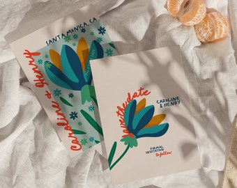 Plantilla moderna para guardar la fecha, diseño abstracto de flores escrito a mano, colorido, original, retro, llamativo, caprichoso, descarga instantánea W06