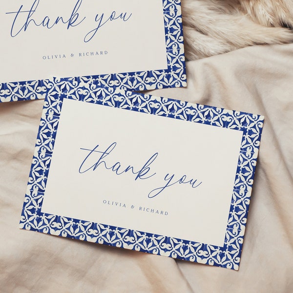 Mediterranean Thank You Card Template, Bridal Shower Thank You Card, Blue Tile Thank You Card, Minimal Thank You Note, Instant Download