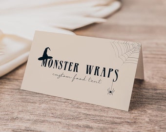 Halloween Food Tent Template, Halloween Food Label Editable, Halloween Custom Food Tent, Modern Halloween Decor, Spider,Instant Download H02