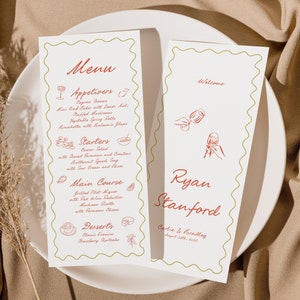 Modernes Hochzeitsmenü Vorlage, Handgeschriebenes Hochzeitsmenü mit Namen, Handgezeichnetes Menü wunderlich, Spaß Hochzeit Dekor, Wellenförmig, Instant Download W11