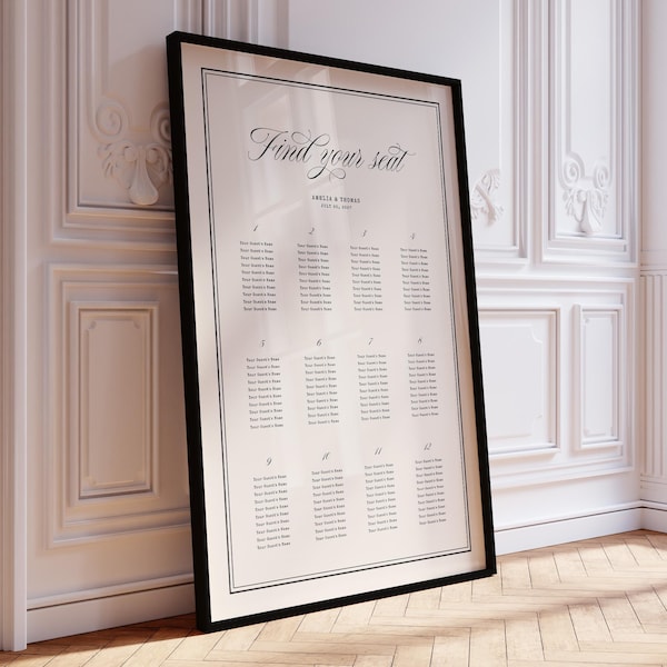 Modello di schema dei posti a sedere per matrimonio in stile retrò, schema dei posti a sedere moderno vintage, schema per ricevimento di nozze, calligrafia, schema dei posti a sedere retrò minimalista, W21