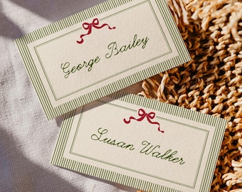 Retro Christmas Place Card Template, Modern Vintage Christmas Name Card, Handwritten Holiday Place Card, Editable Printable CH06