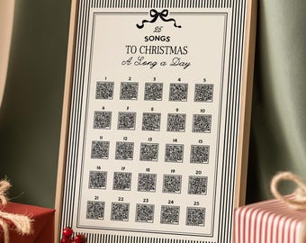 Könnte beinhalten: Ein rechteckiger gerahmter Druck mit schwarz-weiß gestreiftem Rand, der den Text 25 SONGS TO CHRISTMAS A Long a Day, eine schwarze Schleifengrafik und ein Raster aus fünfundzwanzig nummerierten Quadraten mit QR-Codes zeigt.