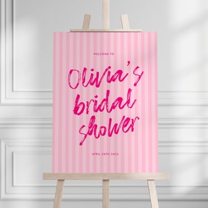 Cartello di benvenuto per addio al nubilato rosa, modello di cartello di benvenuto scritto a mano modificabile, cartello per feste stravagante, moderno, strisce rosa shocking, download immediato