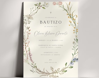 May include: A cream-colored invitation with a floral wreath border. The text reads "T Celebramos el Bautizo de nuestra hija Olivia Blasco Durante. Sabado 25 de Marzo 11:00 Parroquia de Santa Elena Calle de Orfila 1 Madrid Aperitivo 15:00 Restaurante La Armenia Lola 478.123.456"