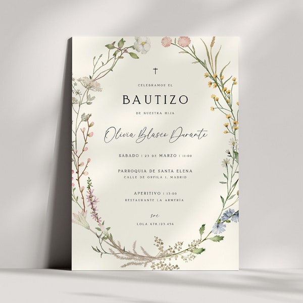 Baptism Invitation Spanish, Spanish Baptism Invitation Template, Wildflower Baptism Digital Invitation, Boho Baptism Invite,Instant Download