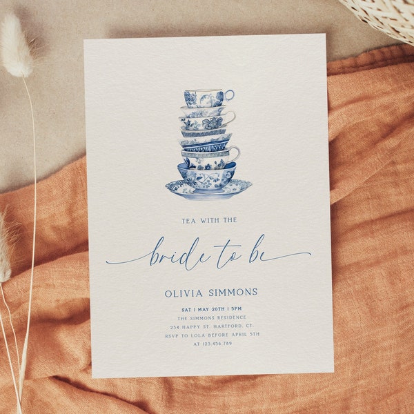 Tea With The Bride To Be Invitation Template, Bridal Tea Party Invitation, Bridal Shower Invitation, Blue Tea Cup, Minimal, Instant Download