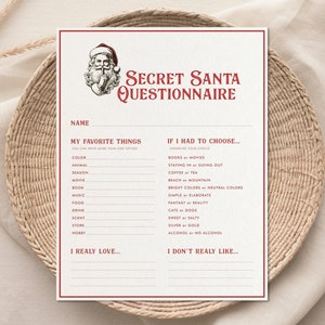 May include: A printable Secret Santa questionnaire with a cartoon image of Santa Claus. The questionnaire asks for favorite things, including color, animal, season, movie, book, music, food, drink, scent, store, and hobby. It also asks for preferences between books or movies, staying in or going out, coffee or tea, beach or mountain, bright colors or neutral colors, simple or elaborate, fantasy or reality, cats or dogs, sweet or salty, silver or gold, and alcohol or no alcohol. The questionnaire also asks for things the person really loves and things they don't really like.