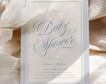 Retro Blue Baby Shower Invitation Template, Dusty Blue Baby Boy Invite, Modern Vintage Baby Shower, Editable Printable BB23