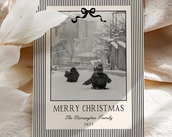 Christmas Photo Card Template, Modern Retro Christmas Greeting Card Family Photo, Black & White Holiday Card, Editable Printable, CC09, CH06