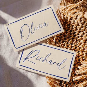 Plantilla de tarjeta de lugar manuscrita, tarjeta de lugar azul manuscrita, tarjeta de nombre editable y original, para cena, despedida de soltera, boda, descarga instantánea