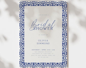 Mediterranean Bridal Shower Invitation Template, Mediterranean Blue Tile Shower Invitation, Minimal Bridal Shower Invite, Instant Download
